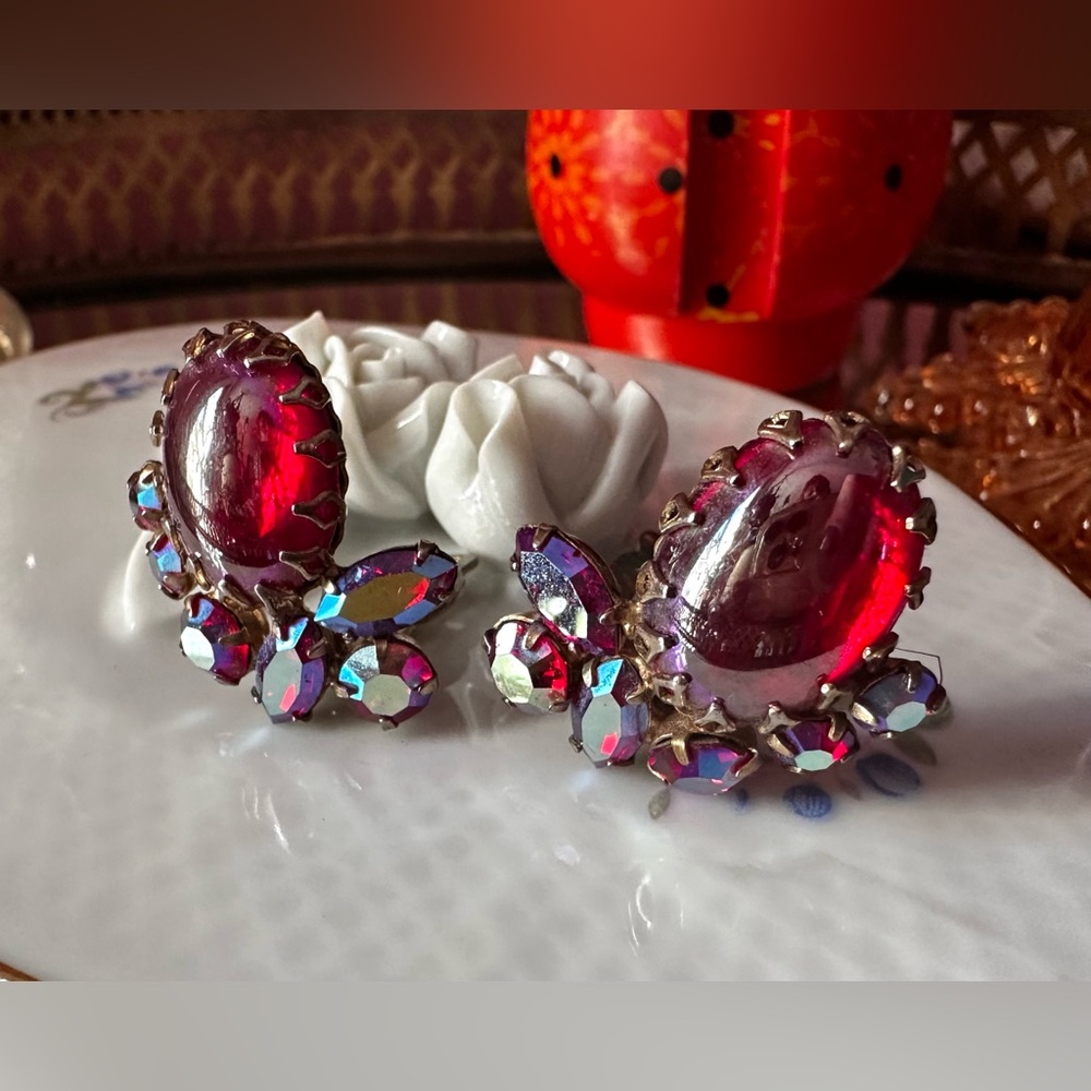 1960s Gustav Sherman Tart Cherry Syrup Austrian Crystal Aurora Borealis Earrings